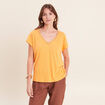 T-shirt col v manches courtes aspect lin orange clair femme