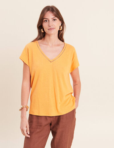 T-shirt col v manches courtes aspect lin orange clair femme