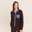 Gilet col chemise manches longues marron fonc&eacute; femme