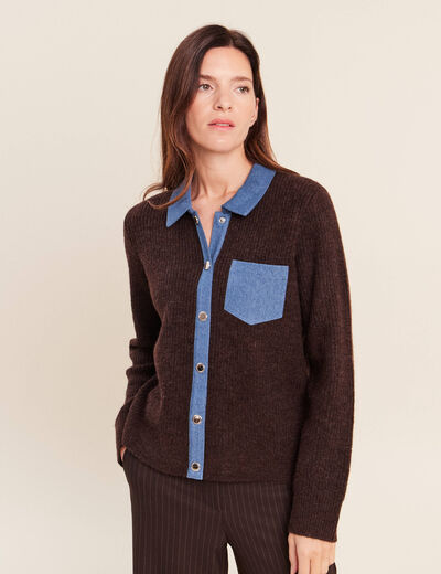 Gilet col chemise manches longues marron fonc&eacute; femme