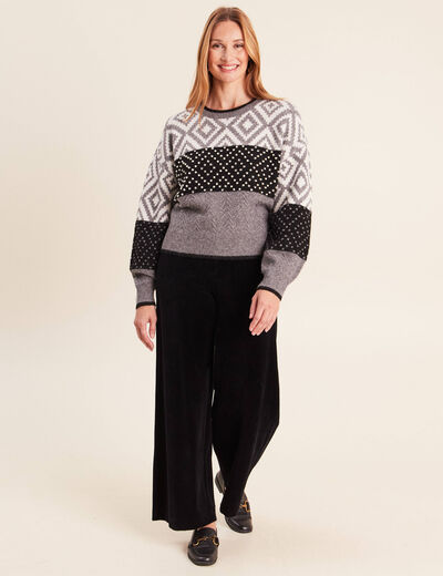Pull jacquard col rond gris femme