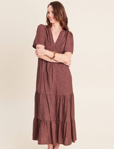 Robe &eacute;vas&eacute;e col v doubl&eacute;e marron fonc&eacute; femme