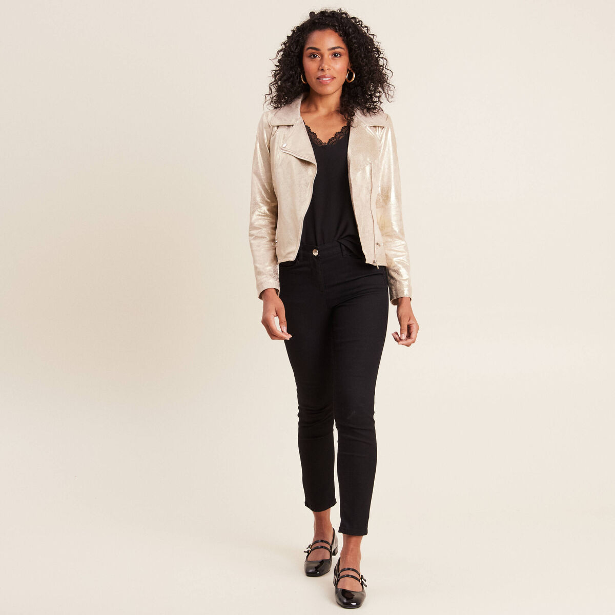 Veste esprit motard zipp&eacute;e couleur or femme