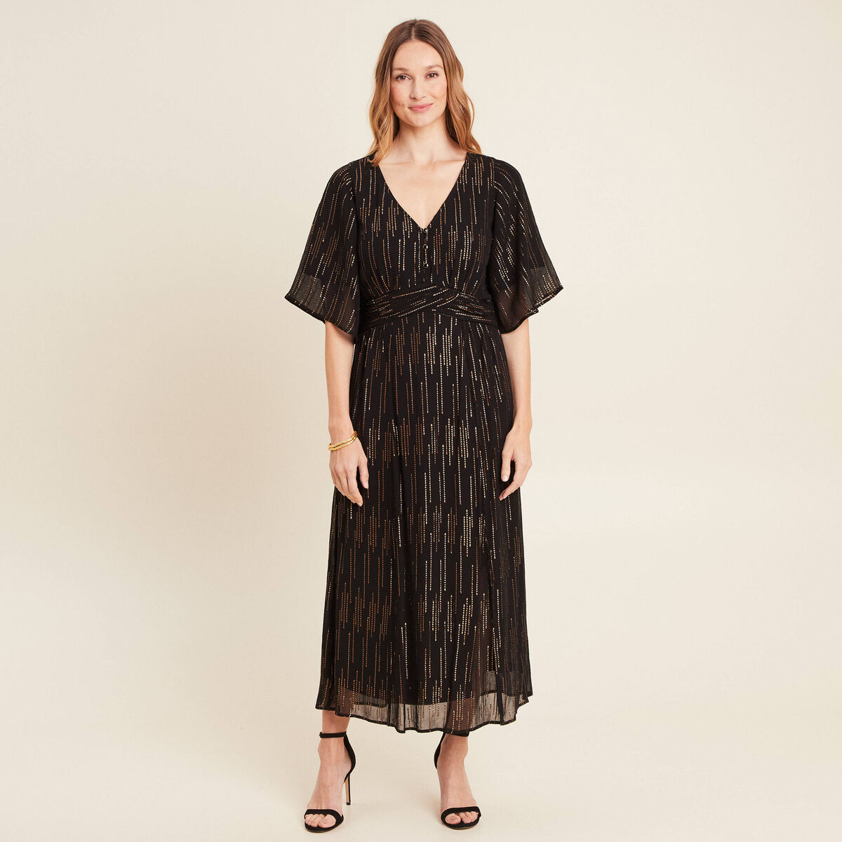 Robe longue &eacute;vas&eacute;e couleur or femme