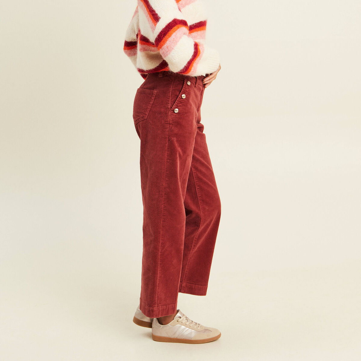 Pantalon large velours c&ocirc;tel&eacute; orange fonc&eacute; femme