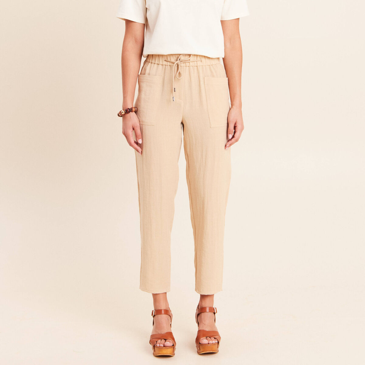 Pantalon mom 7/8&egrave;me en coton beige femme