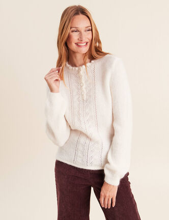 Pull col tunisien ecru femme