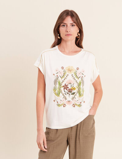 T-shirt col rond manches courtes ecru femme