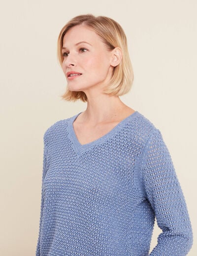 Pull manches longues col en V bleu ciel femme