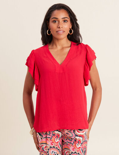 Blouse manches courtes volants rouge femme