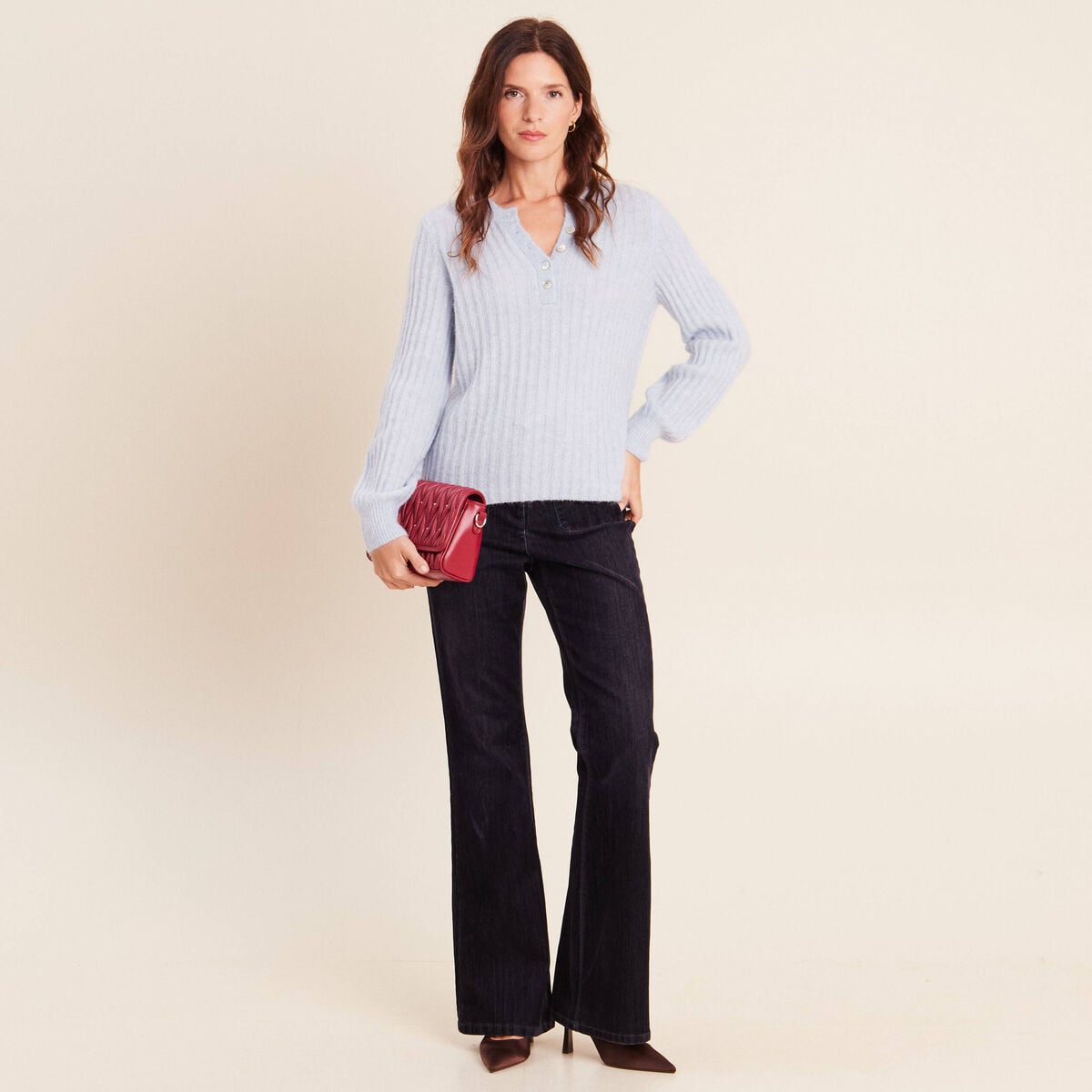 Pull col tunisien denim snow gris femme
