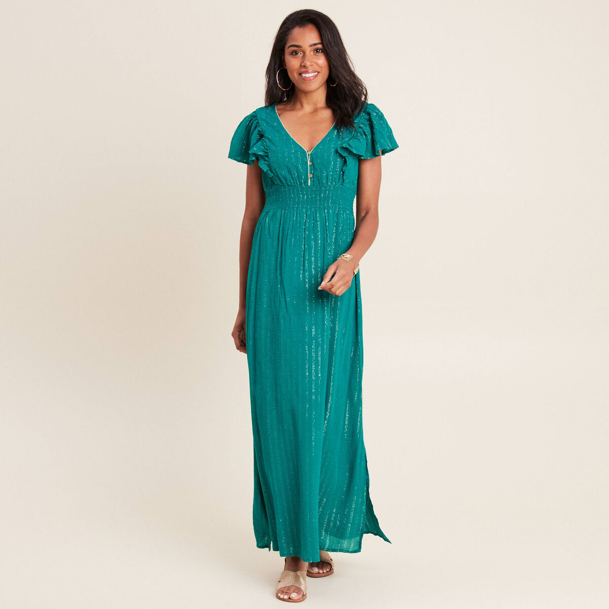 Robe longue droite fluide vert canard femme