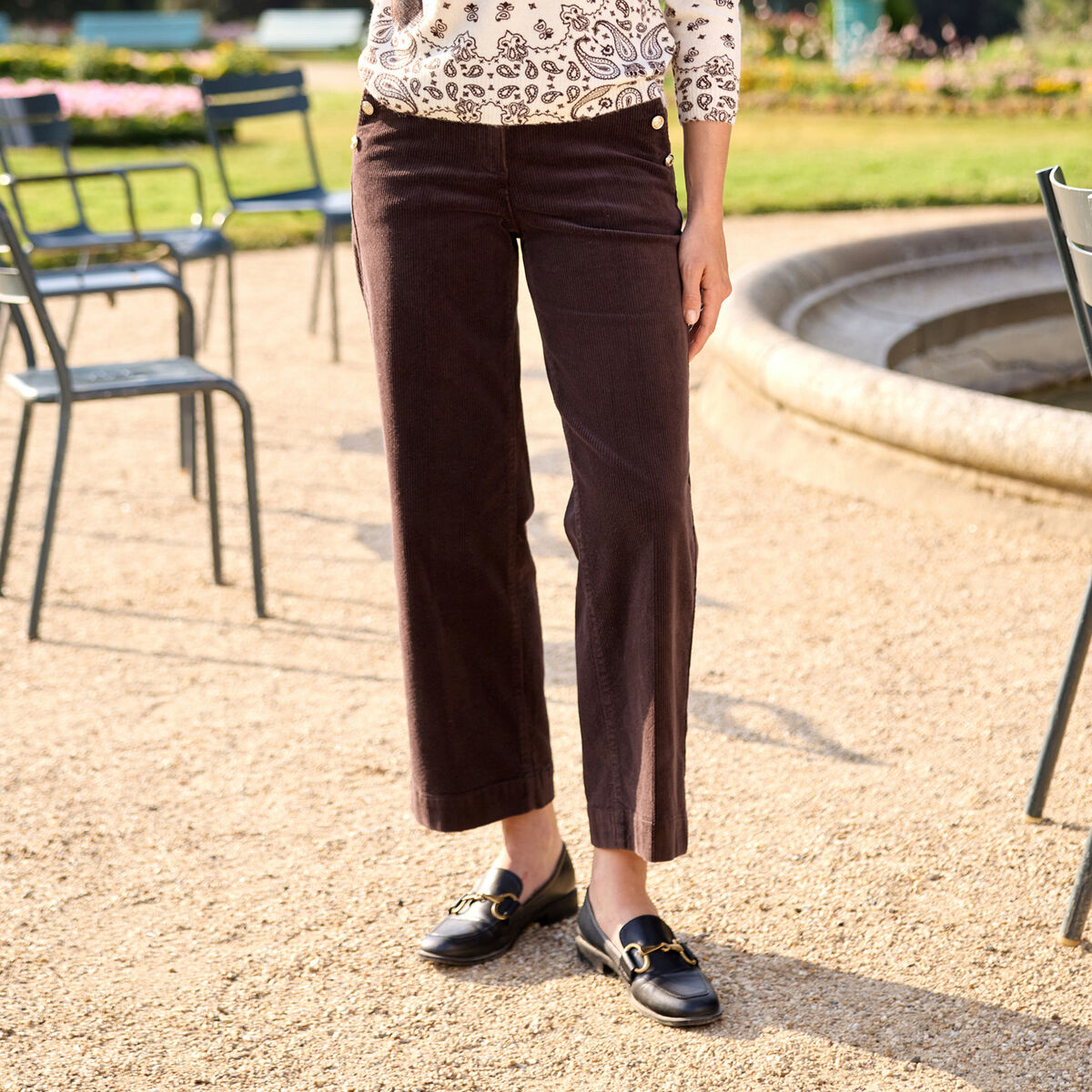 Pantalon large velours c&ocirc;tel&eacute; marron fonc&eacute; femme