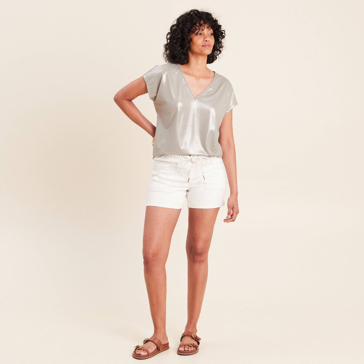 T-shirt col V manches courtes vert clair femme