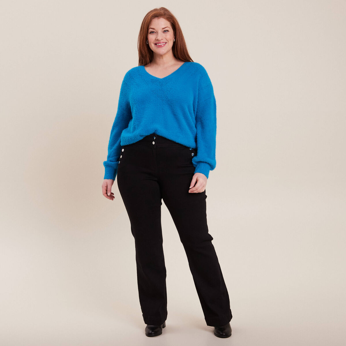 Pantalon coupe bootcut &agrave; pont noir femme