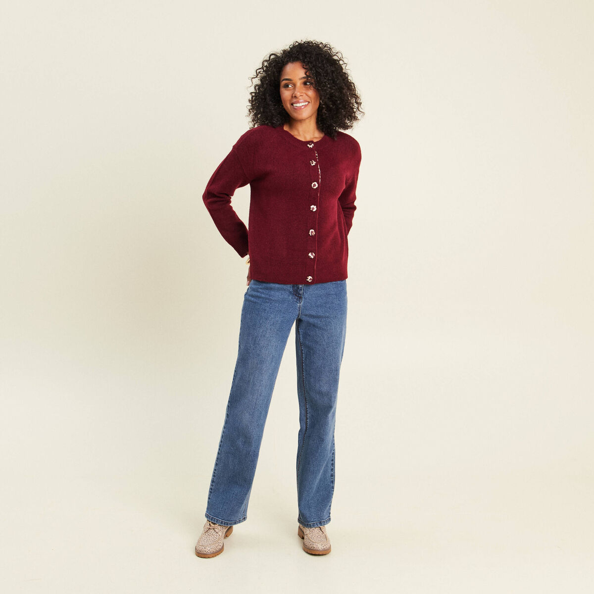 Gilet droit mi-long col rond bordeaux femme
