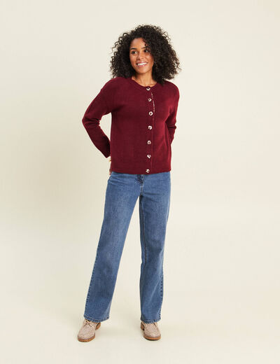 Gilet droit mi-long col rond bordeaux femme