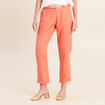 Pantalon coupe chino en lin ceintur&eacute; orange fluo femme
