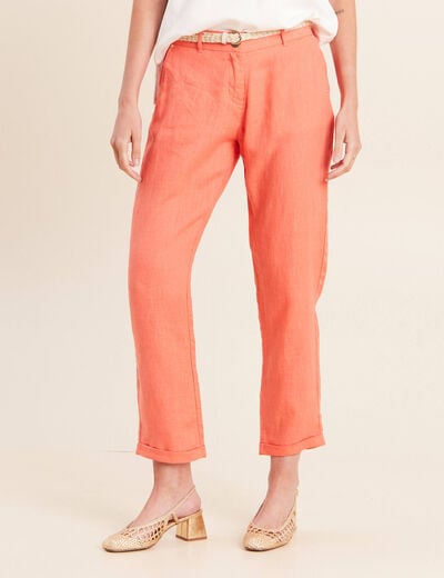 Pantalon coupe chino en lin ceintur&eacute; orange fluo femme