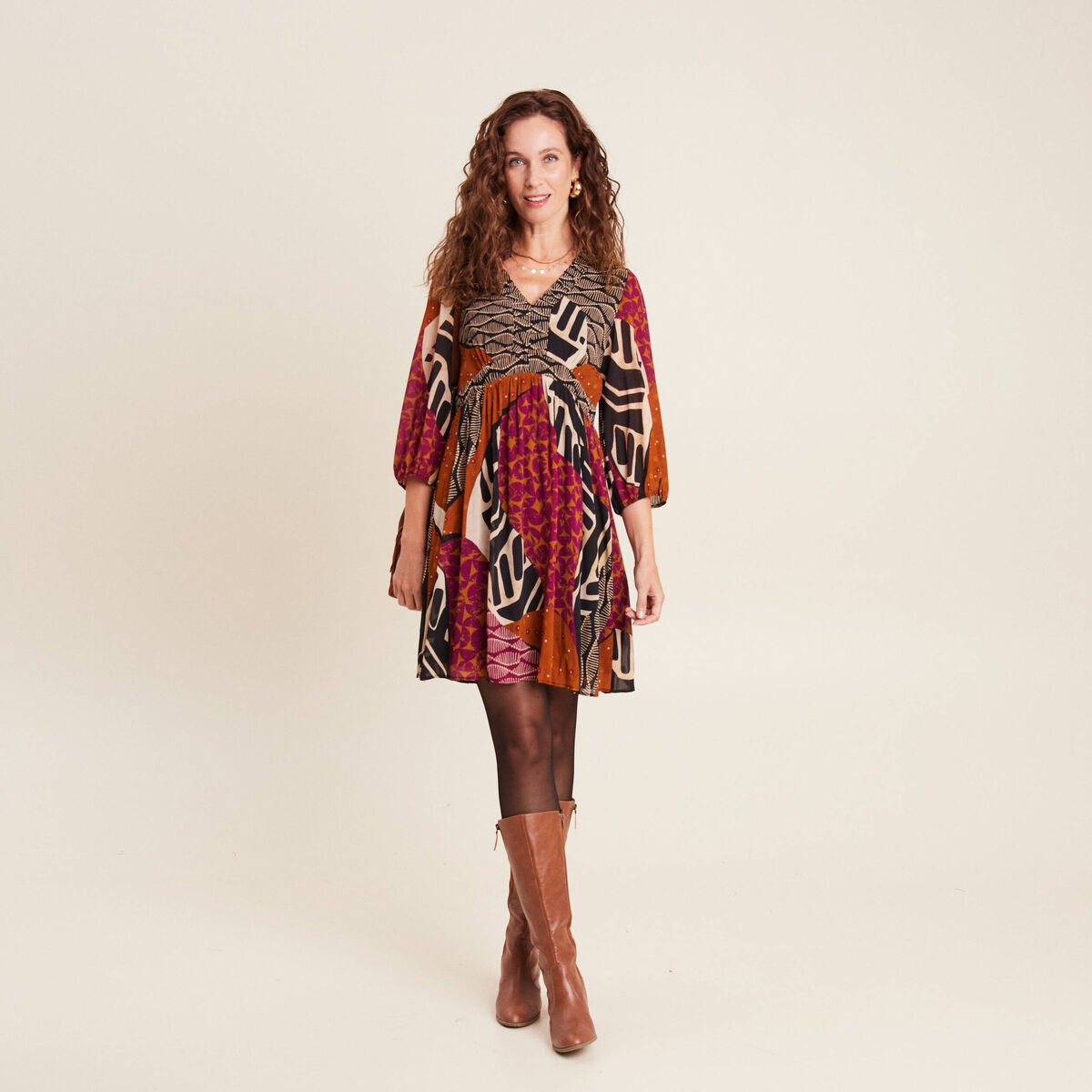 Robe &eacute;vas&eacute;e fluide manches 3/4 multicolore femme