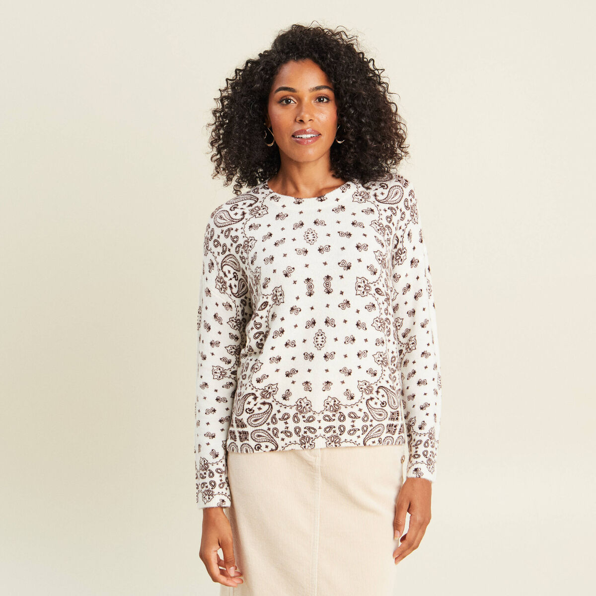 Pull col rond marron femme