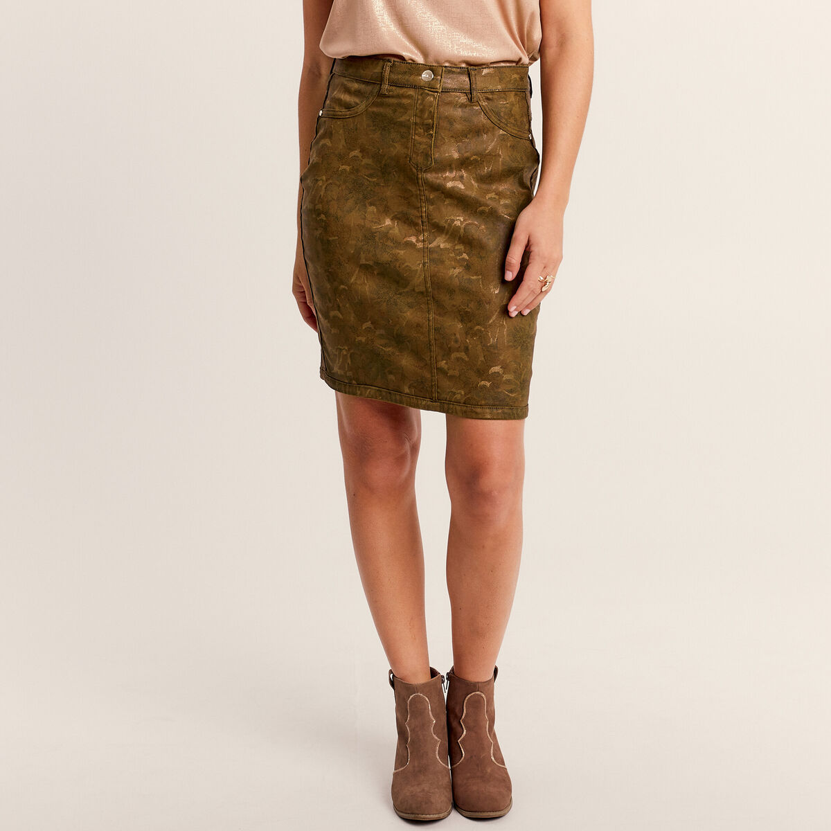Jupe droite r&eacute;versible couleur bronze femme