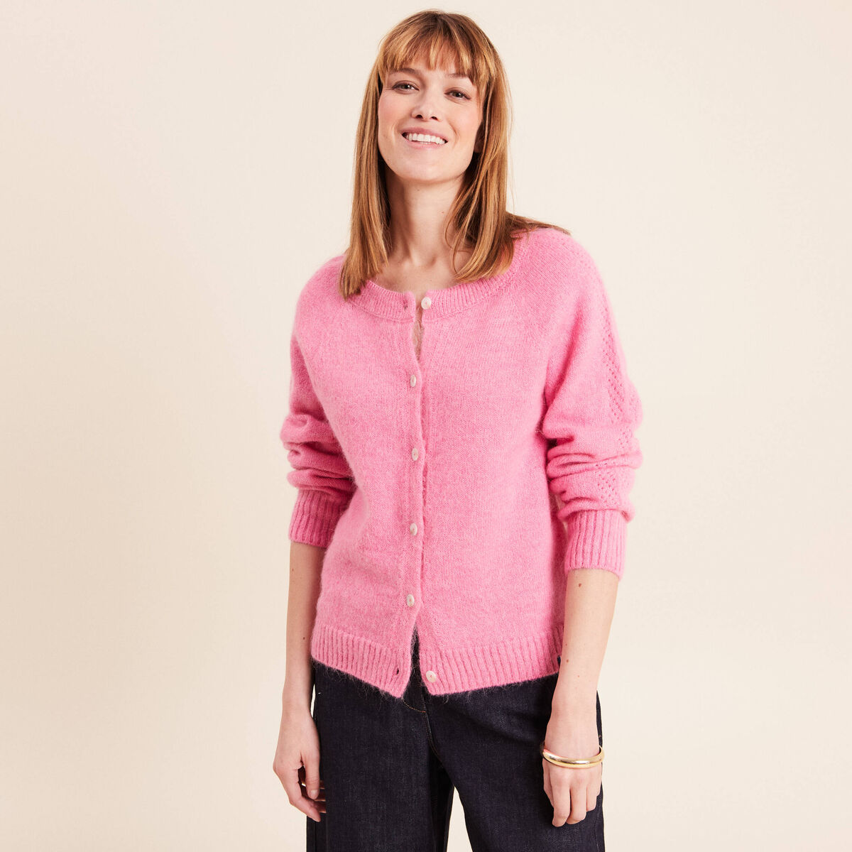 Gilet manches longues col rond rose fushia femme