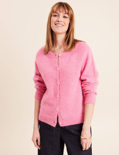 Gilet manches longues col rond rose fushia femme