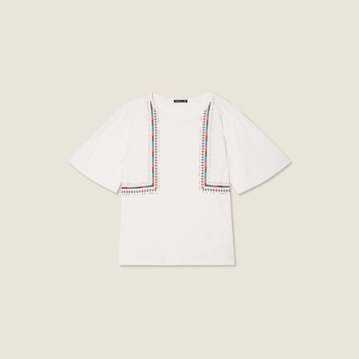 T-shirt manches courtes brodé ecru femme