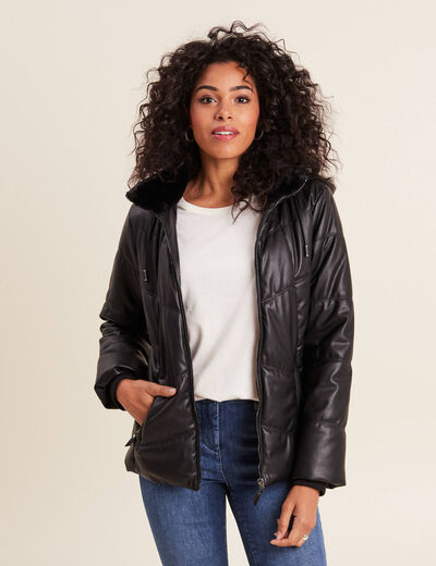 Doudoune à capuche simili cuir noir femme