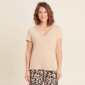 T-shirt manches courtes col en V sable femme