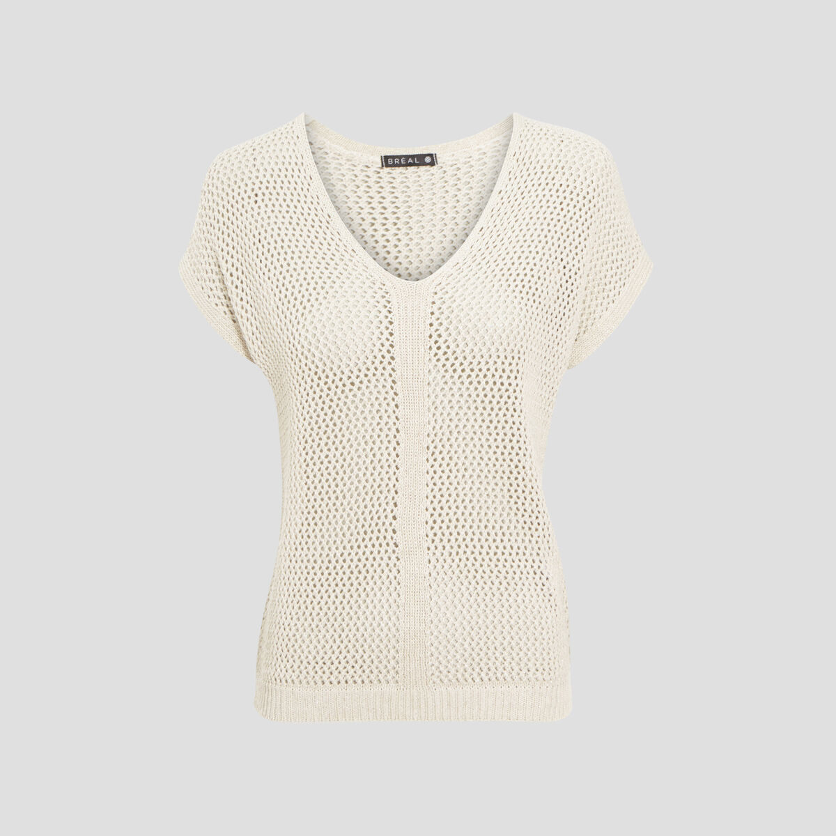 Pull manches courtes ajour&eacute; ecru femme