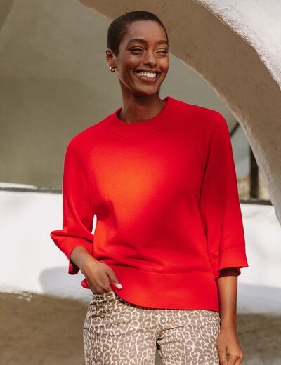 Pull fin col rond manches coudes rouge fluo femme