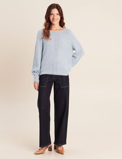 Pull droit col rond manches longues bleu canard femme