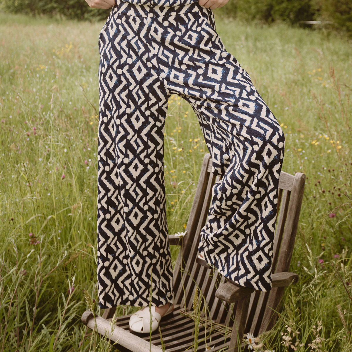 Pantalon large taille haute bleu femme