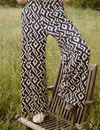 Pantalon large taille haute bleu femme