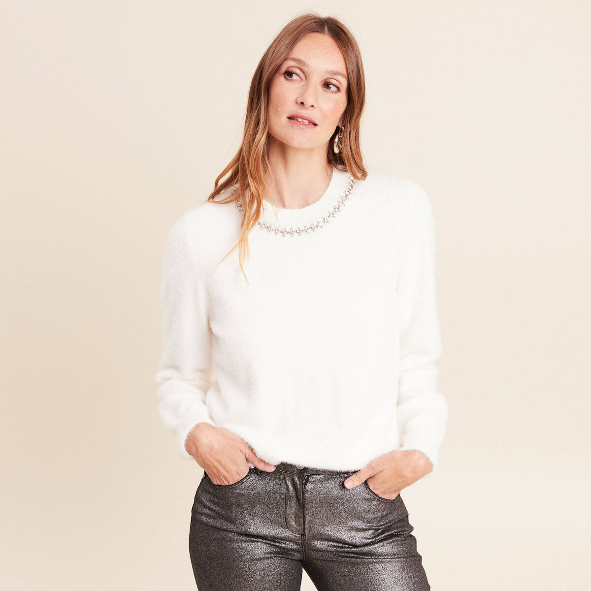 Pull manches longues ecru femme