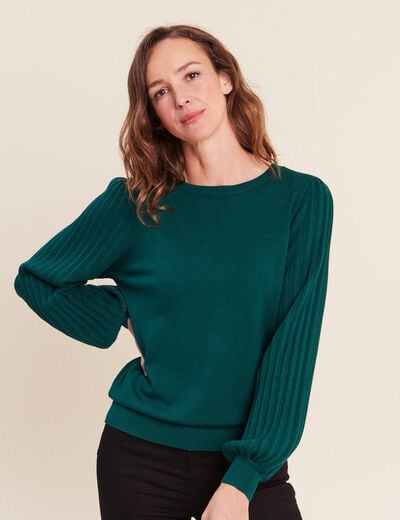 Pull cintr&eacute; col rond manches longues vert fonc&eacute; femme