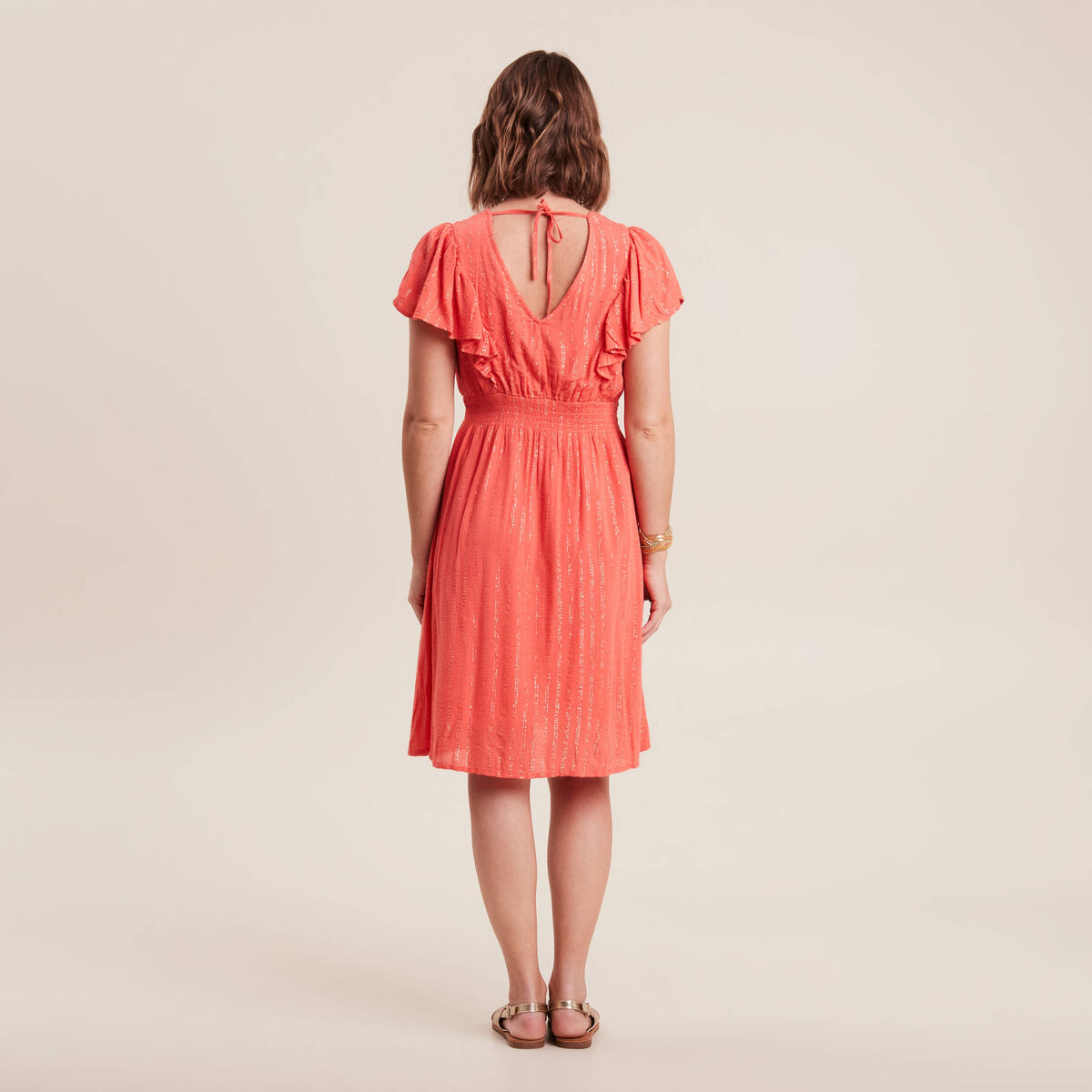 Robe droite fluide smockée orange clair femme