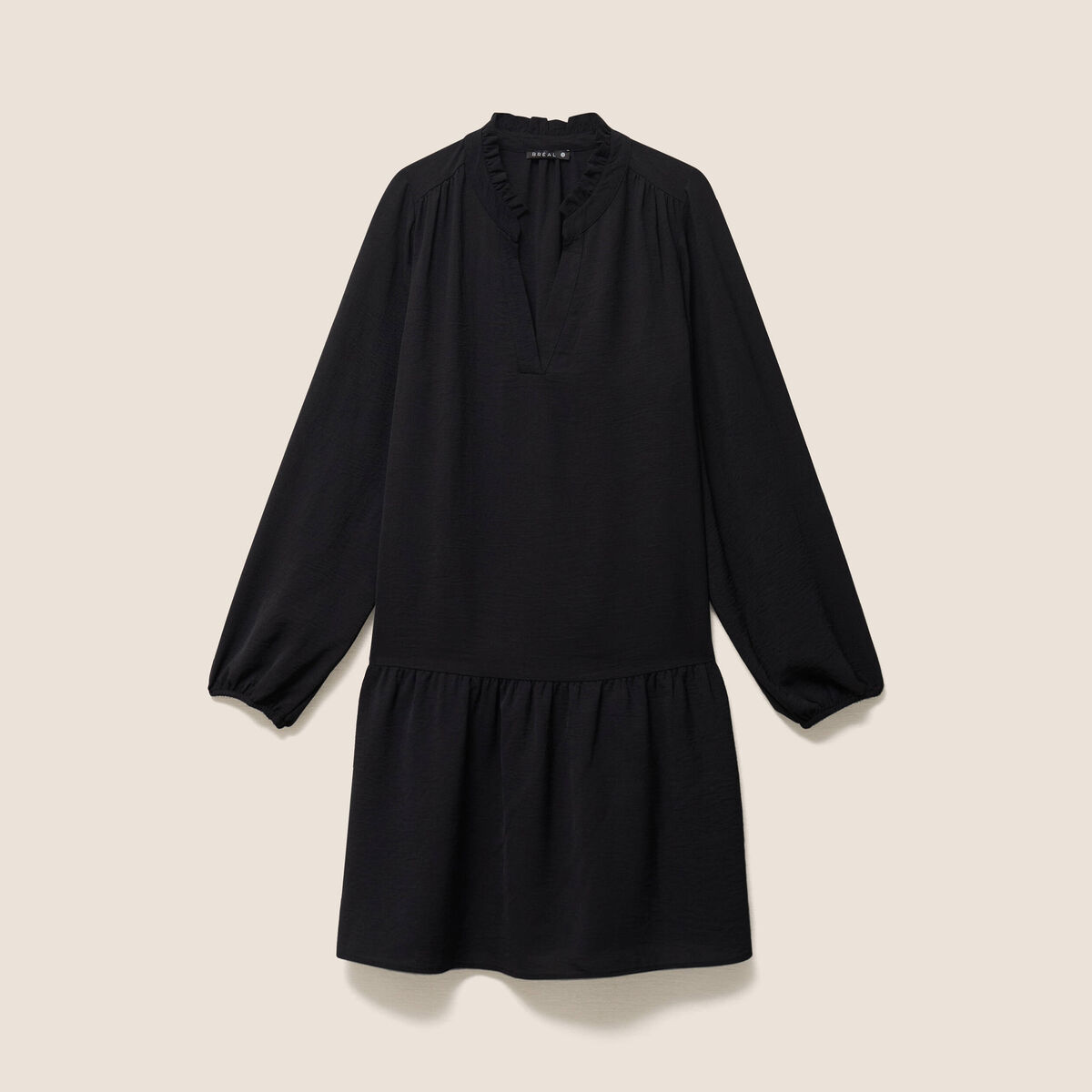 Robe courte &eacute;vas&eacute;e col v manches longues noir femme