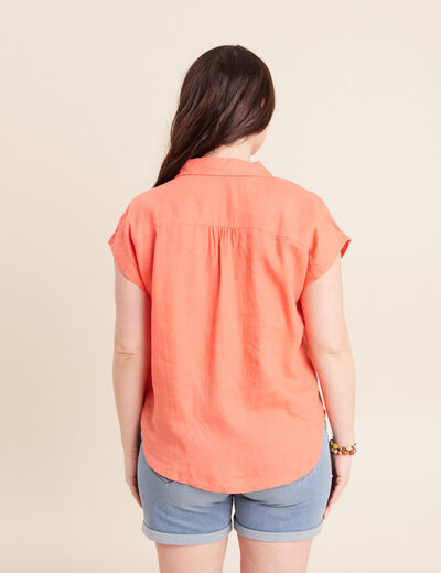 Chemise ample manches courtes aspect lin orange fluo femme