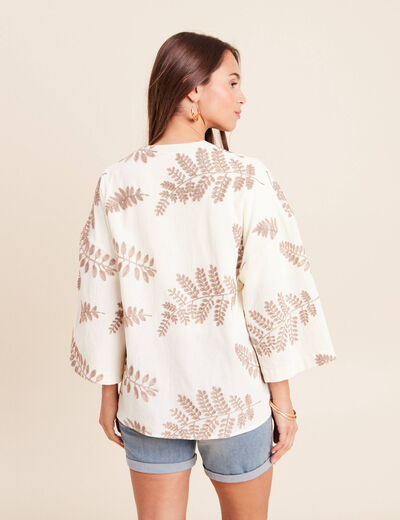 Kimono brod&eacute; manches 3/4 ecru femme