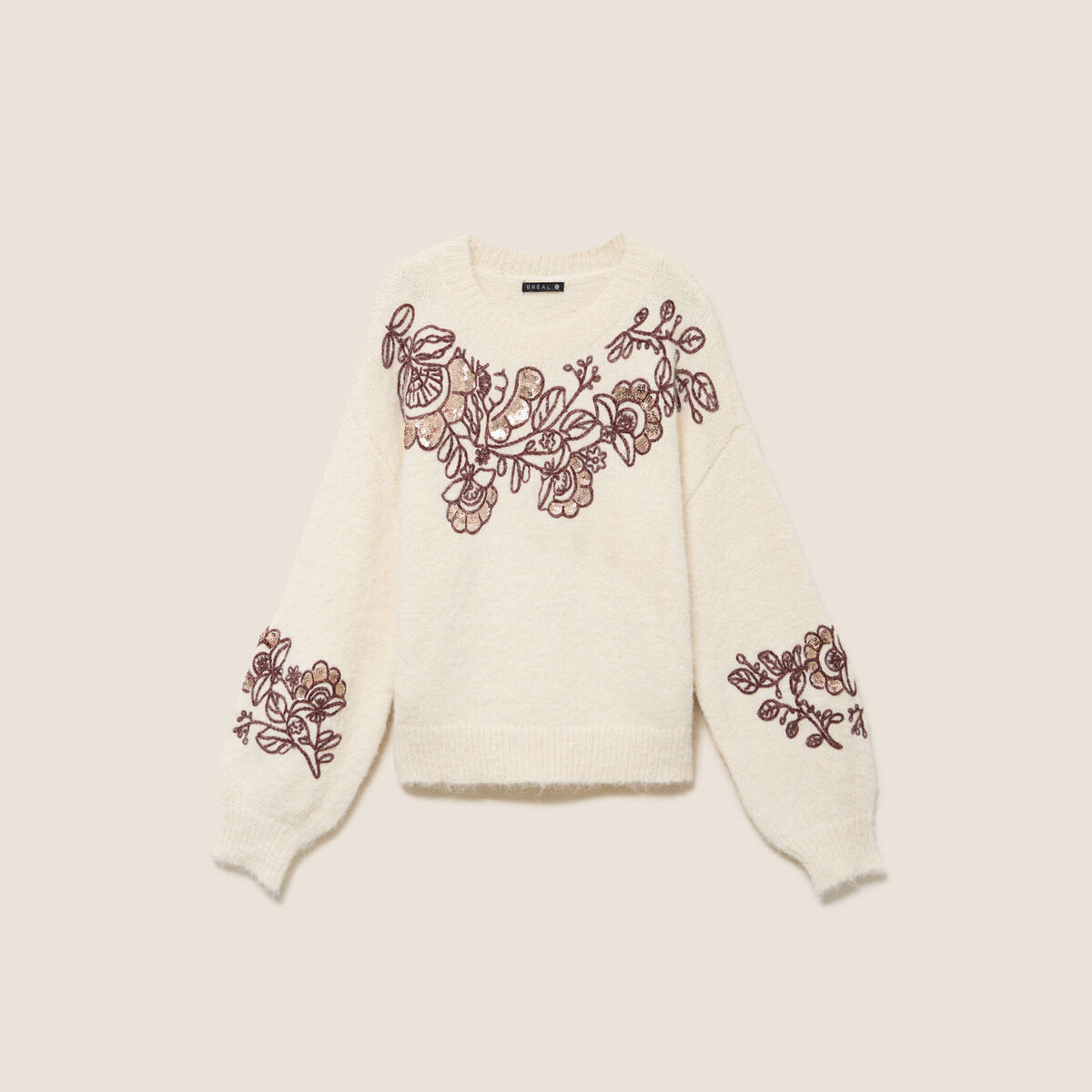 Pull col rond brod&eacute; &agrave; sequins ecru femme