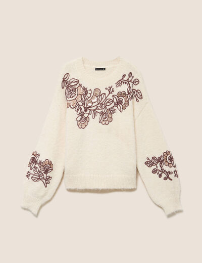 Pull col rond brod&eacute; &agrave; sequins ecru femme