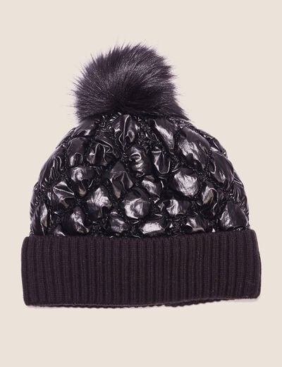 Bonnet matelass&eacute; &agrave; pompon noir femme