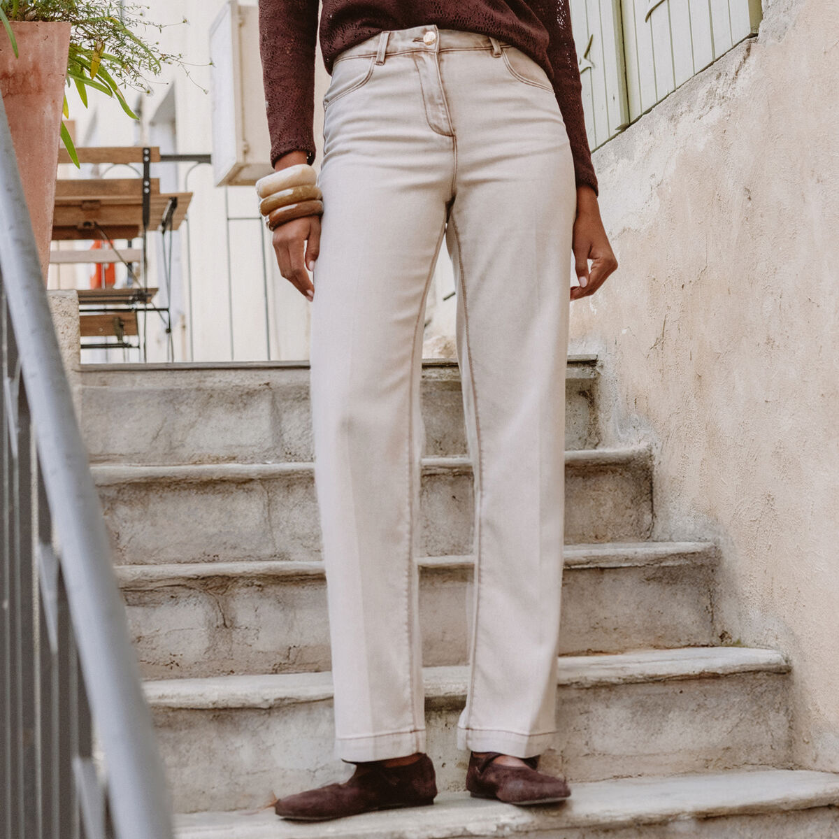 Jean coupe droite taille standard denim beige femme