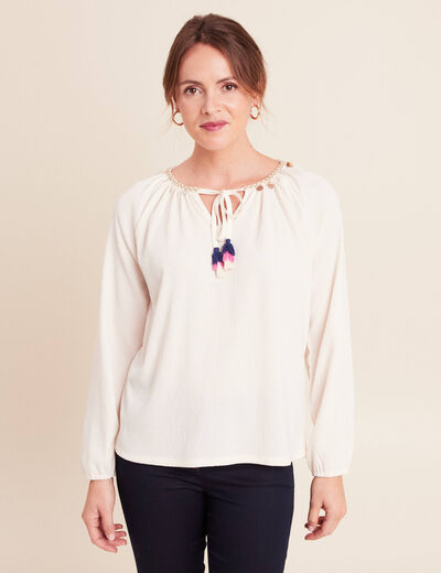 Blouse col tunisien manches longues ecru femme
