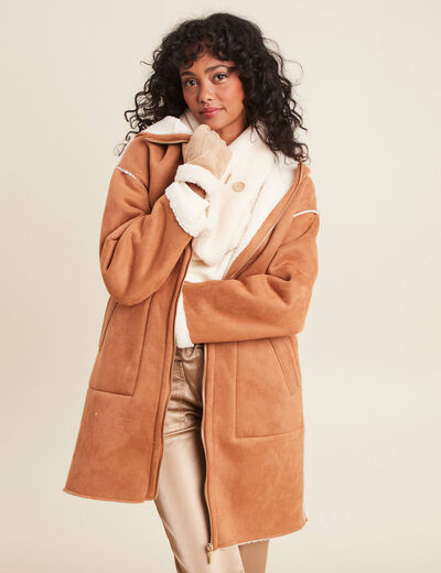 Manteau su&eacute;dine &agrave; capuche marron femme