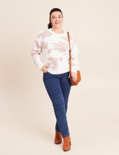 Pull col rond manches longues beige femme