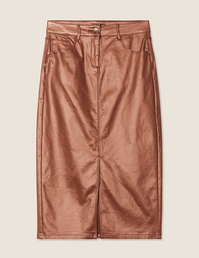 Jupe midi droite enduite couleur cuivre femme